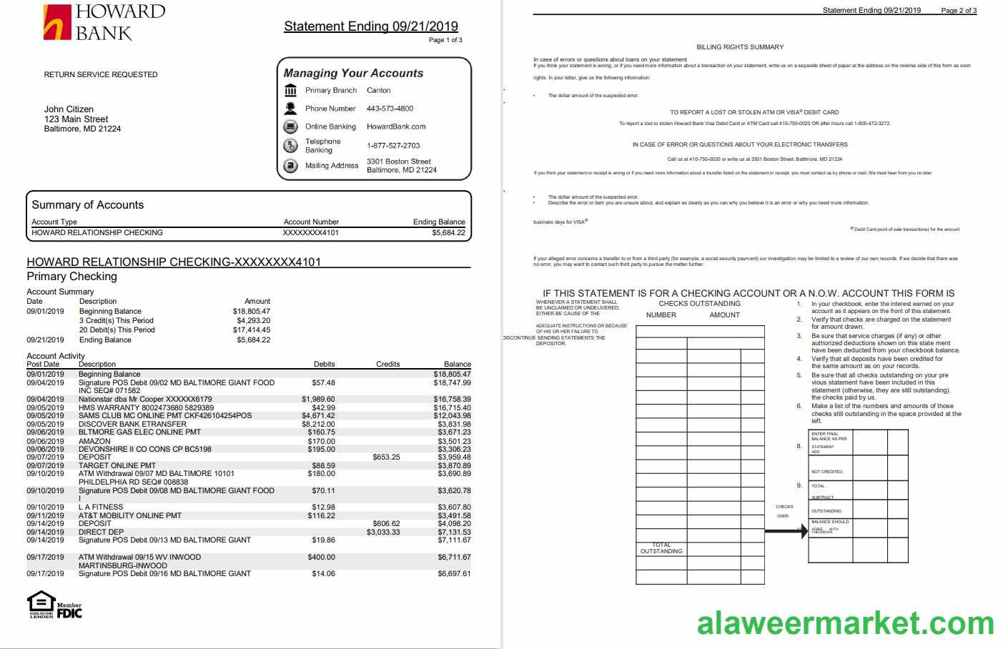 USA Maryland Howard Personal proof of address bank statement template in Word and PDF format (4 pages)